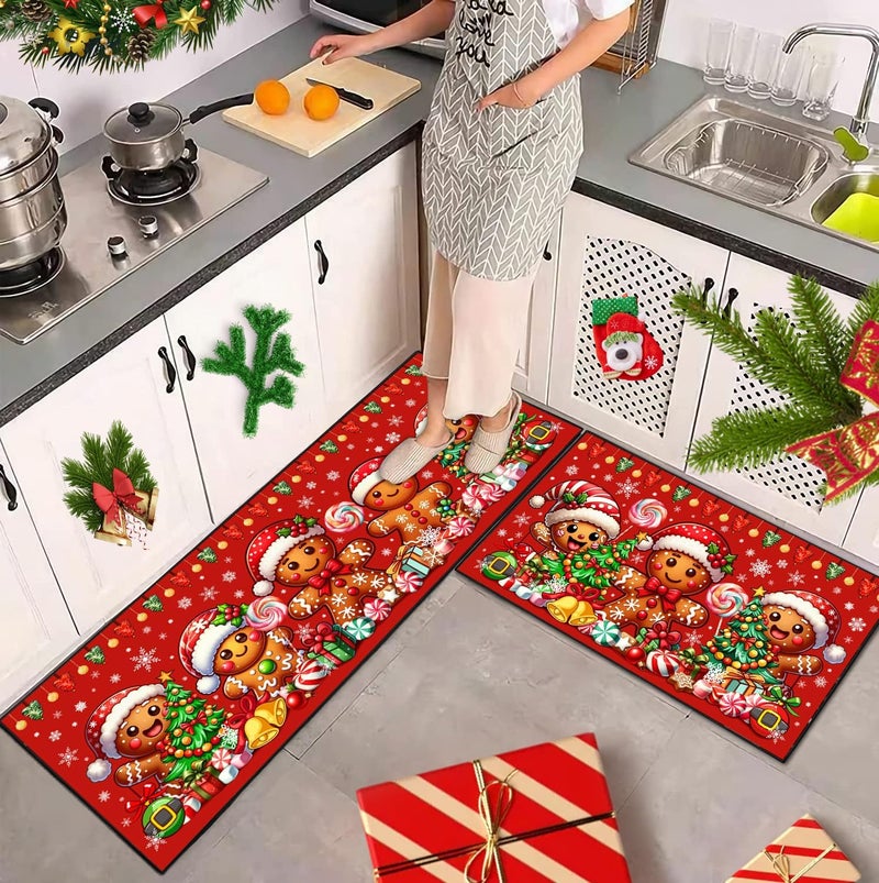 UYDOXCU Merry Christmas Kitchen Rugs and Mats Set of 2, Gingerbread Man Winter Xmas Holiday Home Kitchen Decor Floor Mats, Washable Non-Slip Sink Carpet 17"x47"+17"x30" - Image 1